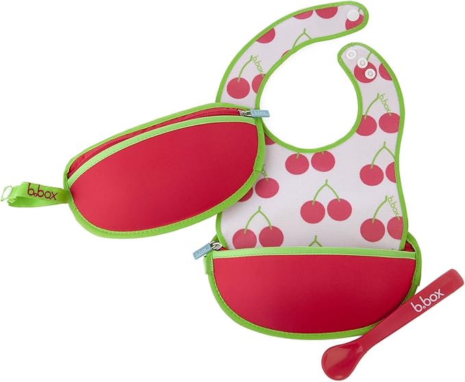 B.box Travel Bib + Flexible Spoon – Cherry Delight