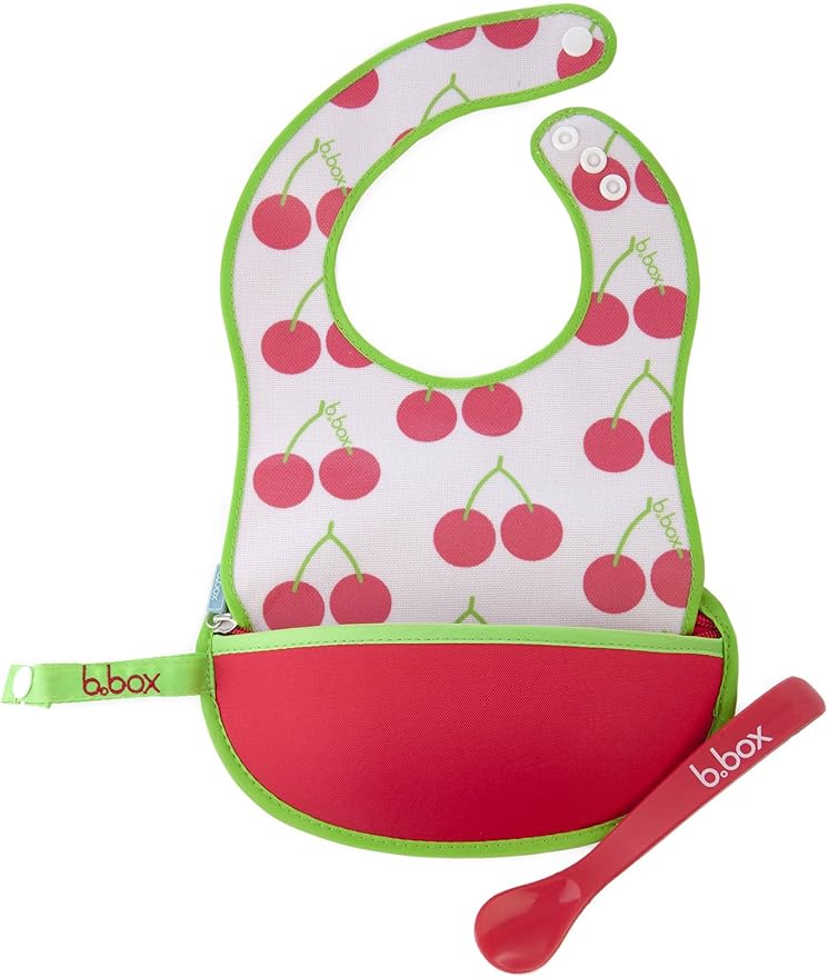 B.box Travel Bib + Flexible Spoon – Cherry Delight