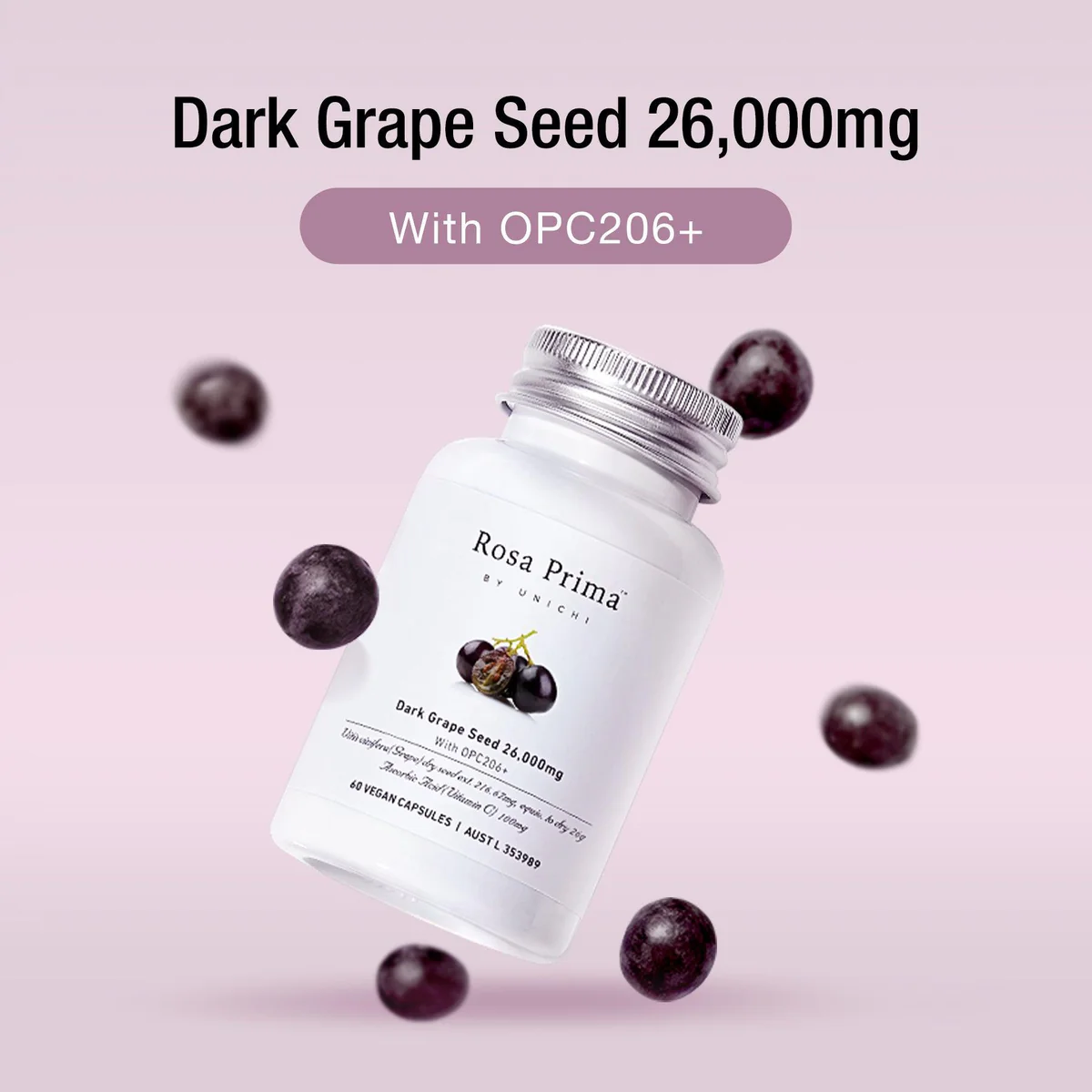 Unichi Rosa Prima Dark Grape Seed 26000mg With OPC206+ 60 Vegan Capsules