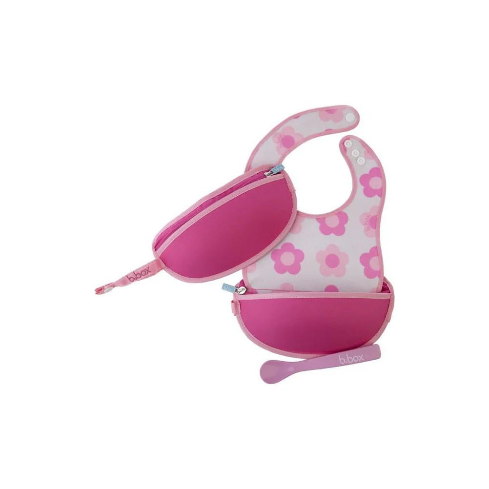 B.box Travel Bib + Flexible Spoon – Flower Power