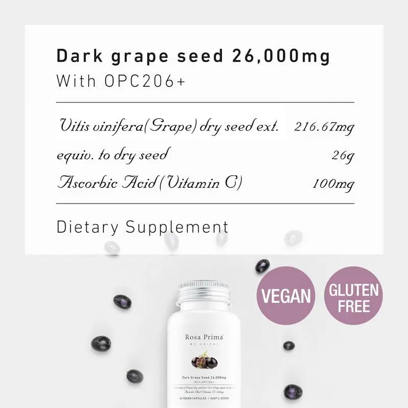 Unichi Rosa Prima Dark Grape Seed 26000mg With OPC206+ 60 Vegan Capsules